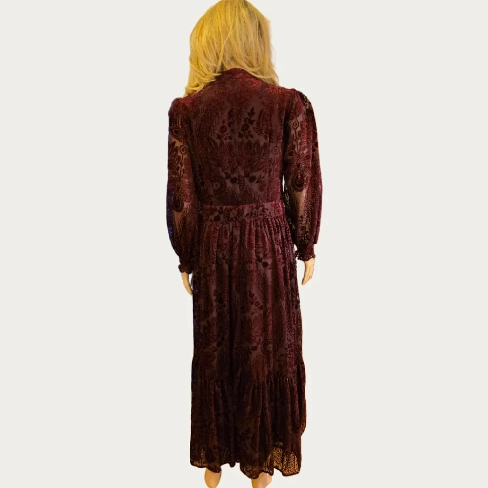 MOTF FLORAL FLOCKING Velvet Long Sleeve Dress in Deep Burgundy  M - Picture 4 of 16